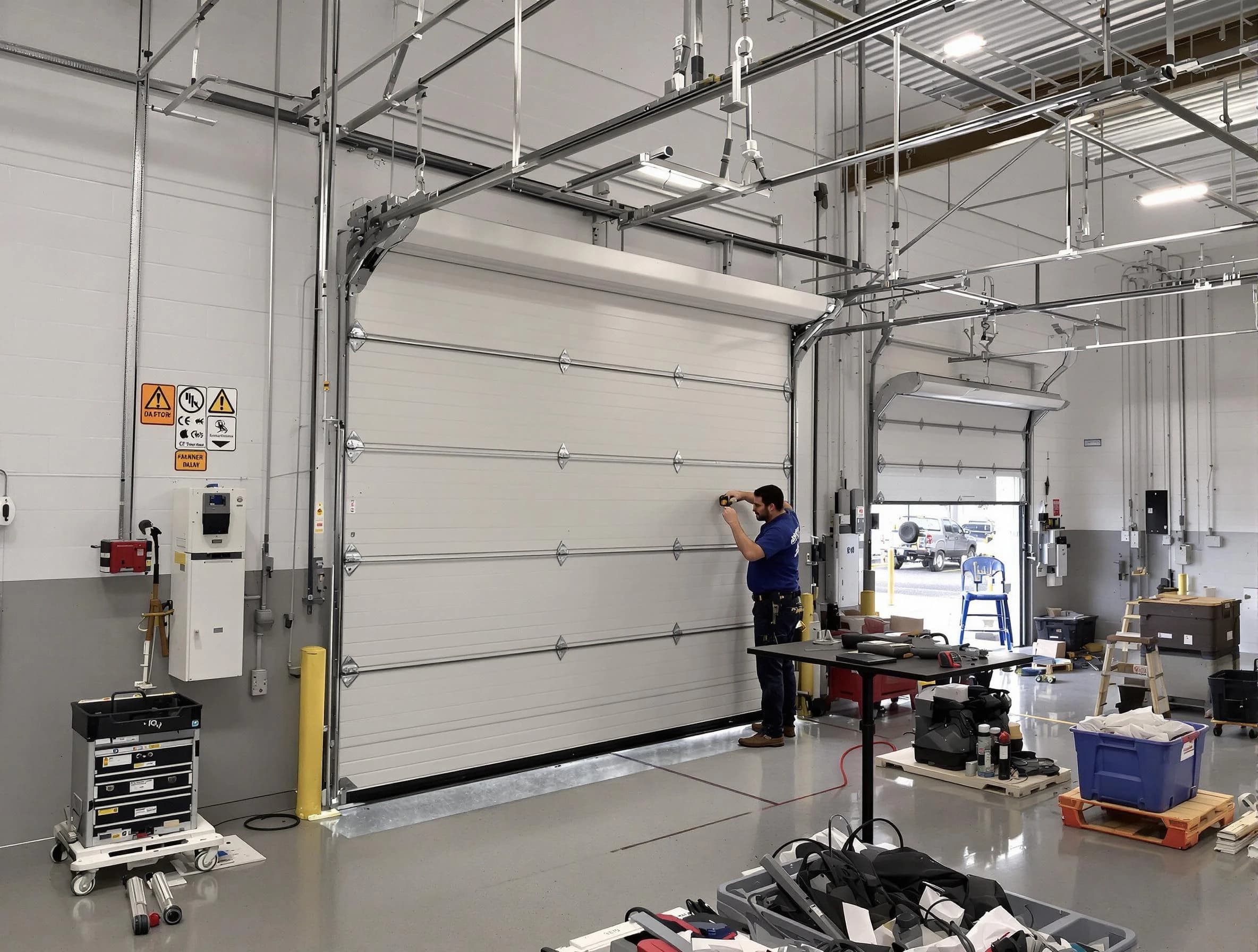 Commercial garage door repair being performed by Woodstock Garage Door Repair expert in Woodstock
