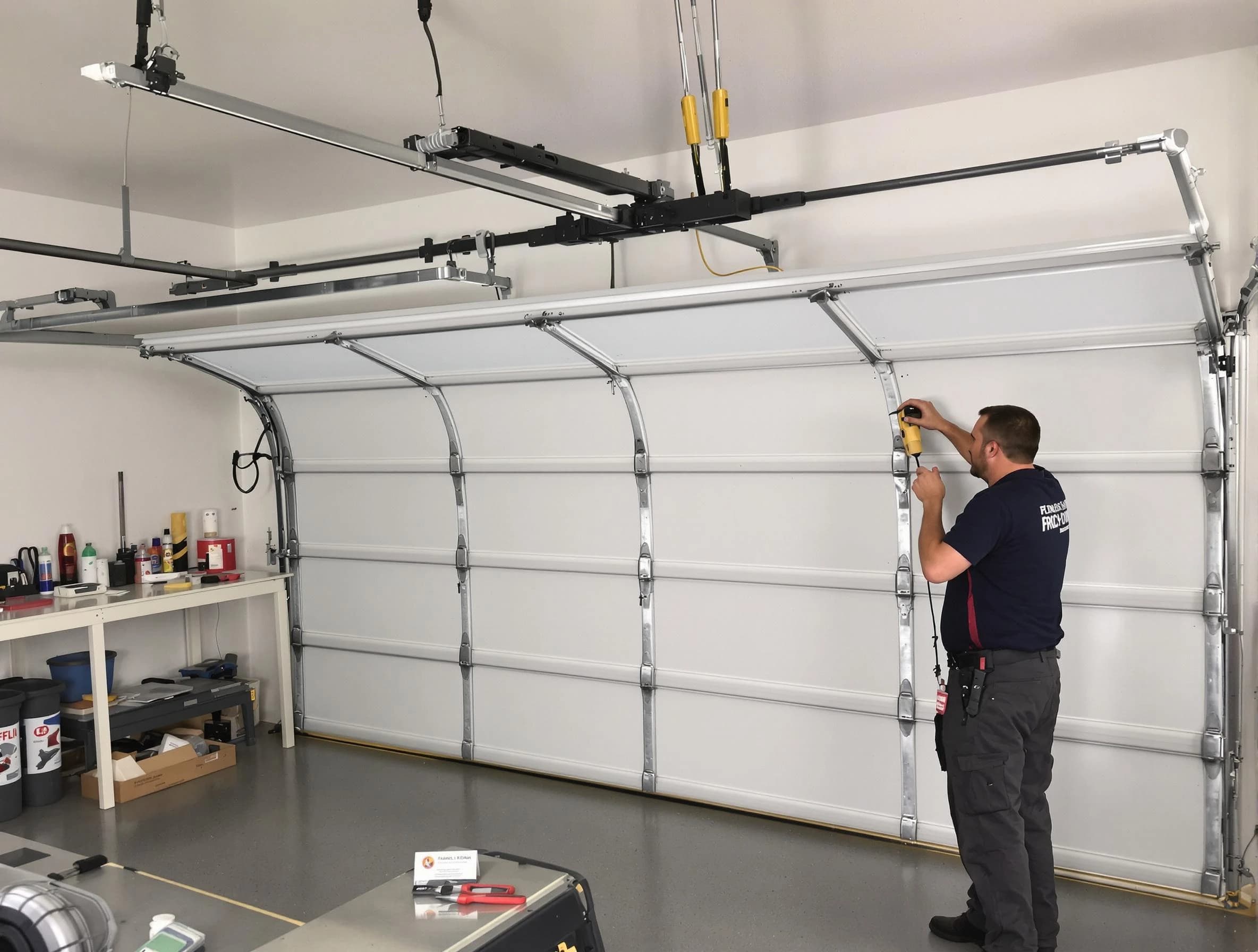 Woodstock Garage Door Repair certified technician performing overhead door system repair in Woodstock