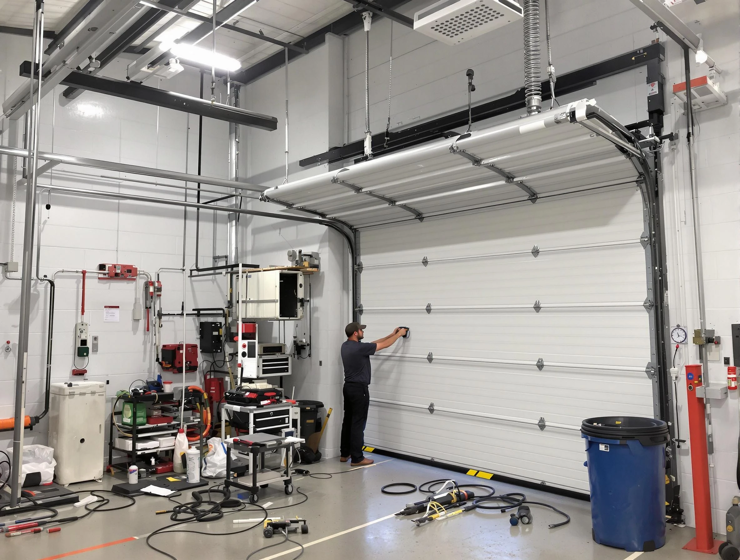 Woodstock Garage Door Repair certified technician performing commercial door repair at a Woodstock business facility
