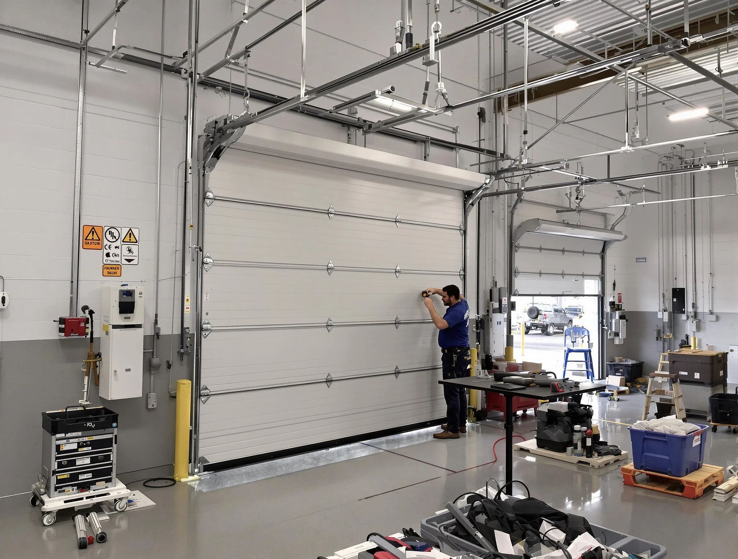 Commercial garage door repair being performed by Woodstock Garage Door Repair expert in Woodstock