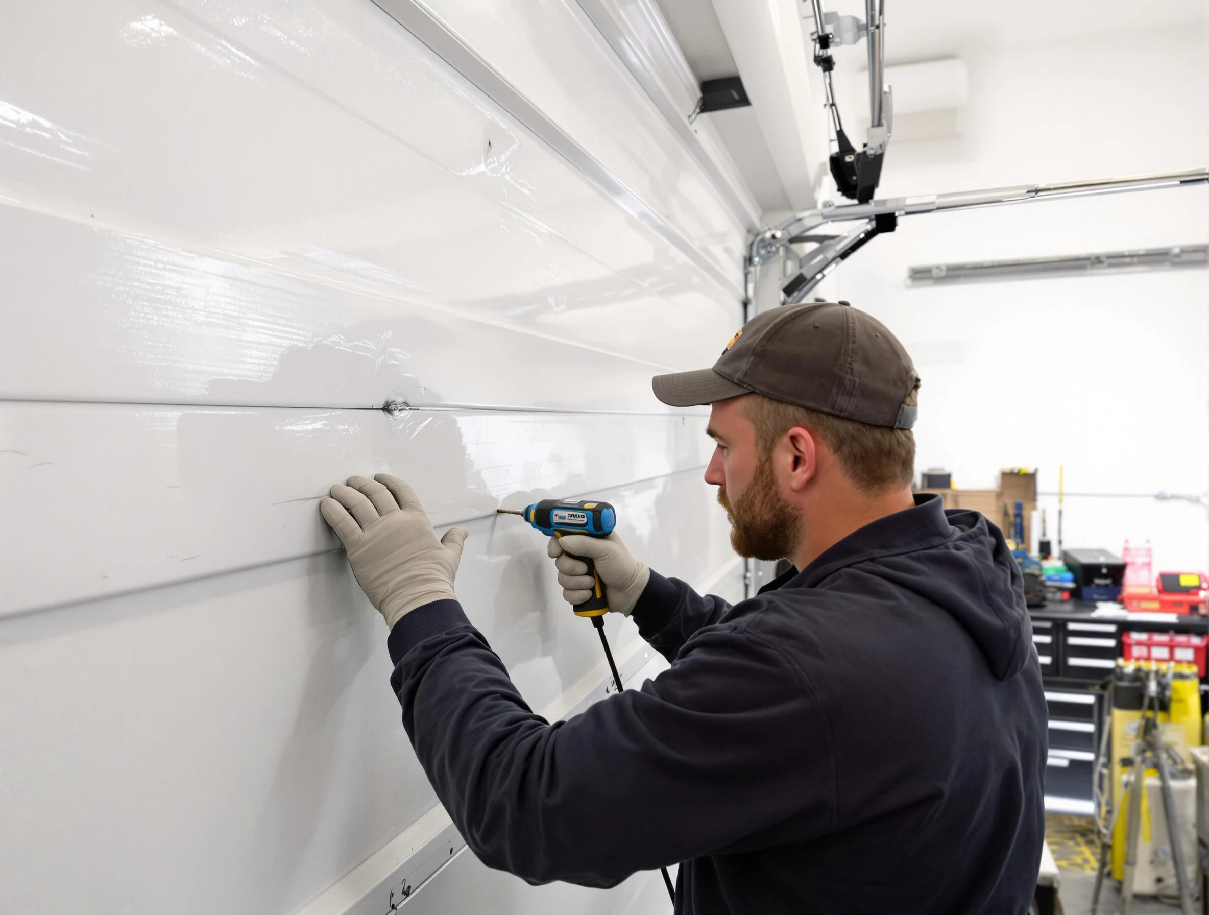 Woodstock Garage Door Repair technician demonstrating precision dent removal techniques on a Woodstock garage door